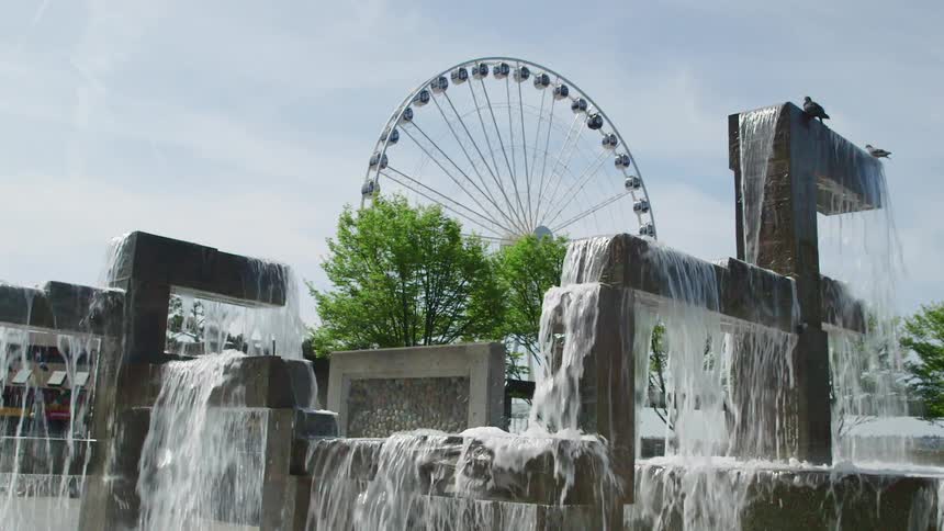 Birds sit perched on a water feature outside of a carnival