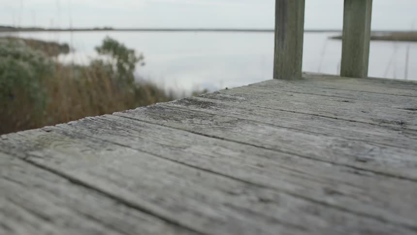 The wooden pier leads to the lake ahead