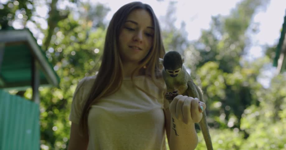 A woman holds a monkey on her arm