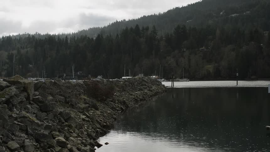 Rocky shore leading into a lake with tree-covered mountains in the distance