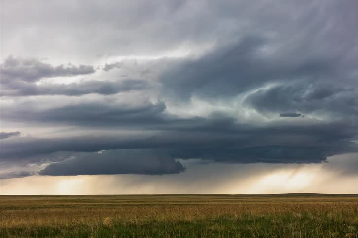 Storm clouds pass above an open field