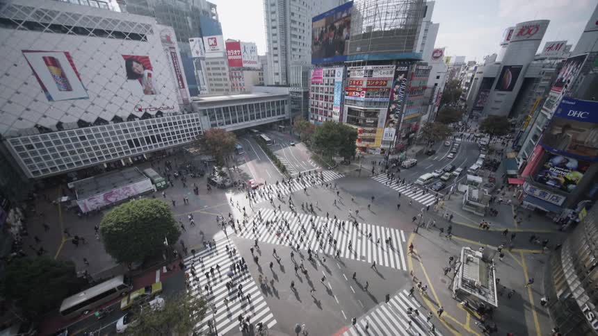 People are moving through a crosswalk in an urban area during the day