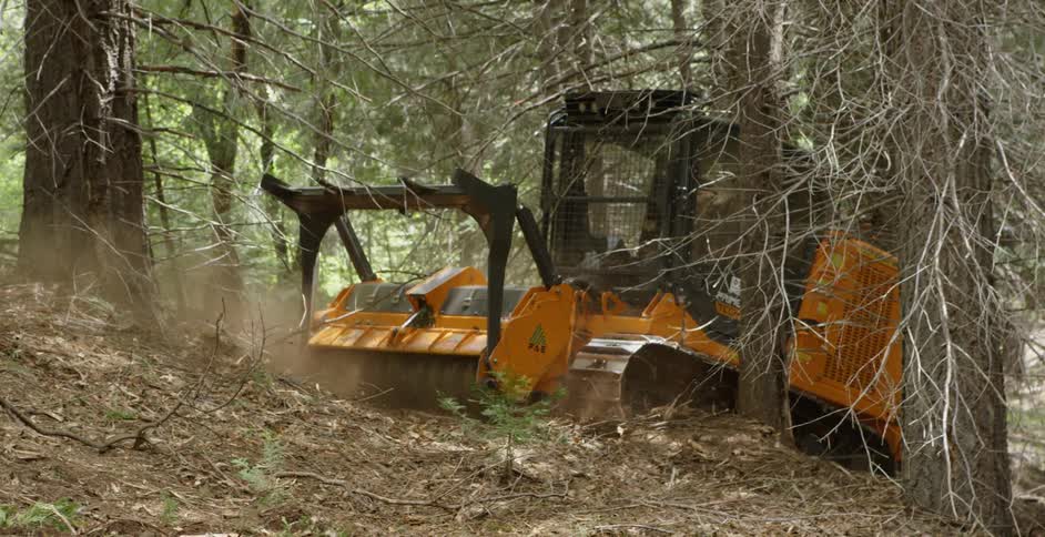 The construction vehicle is moving the trees and debris in the forest