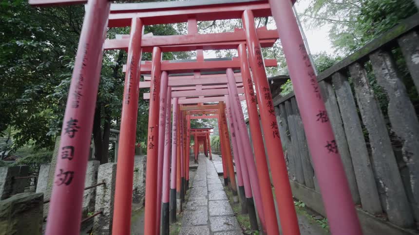 Moving through a pathway lined with reddish colored framework lining it