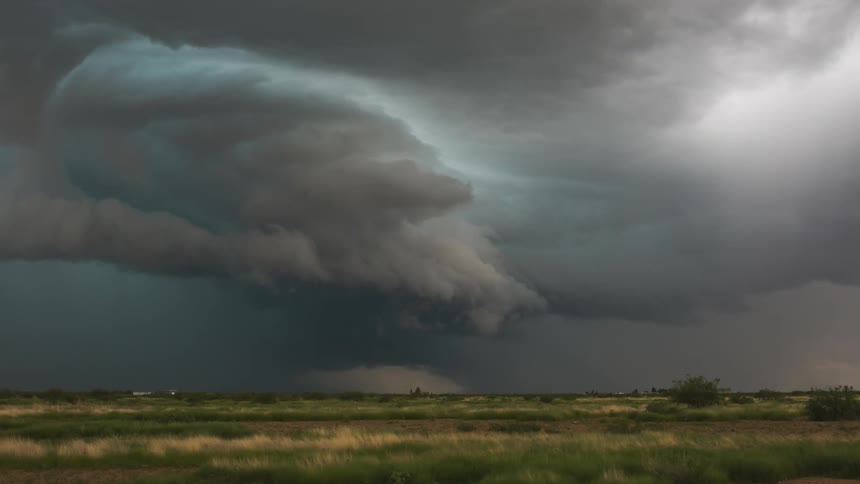 A thunderstorm with lightning forms over a wide open plain