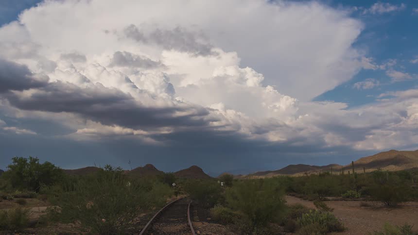 Time lapse of heavy clouds forming over railroad track
