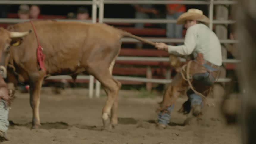 Man holds a bull's tail as another man grabs its horns in a corral