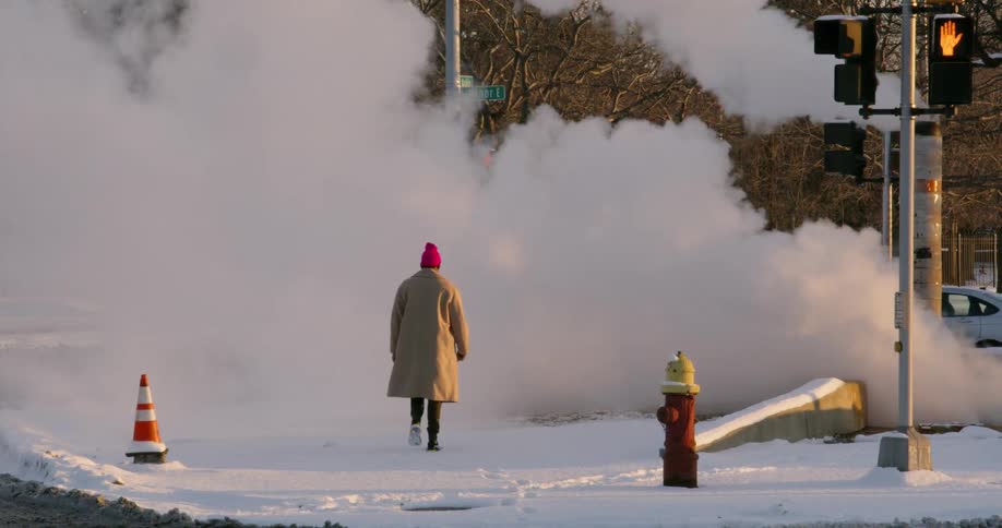 Man wearing a coat and toque walks into the smoke