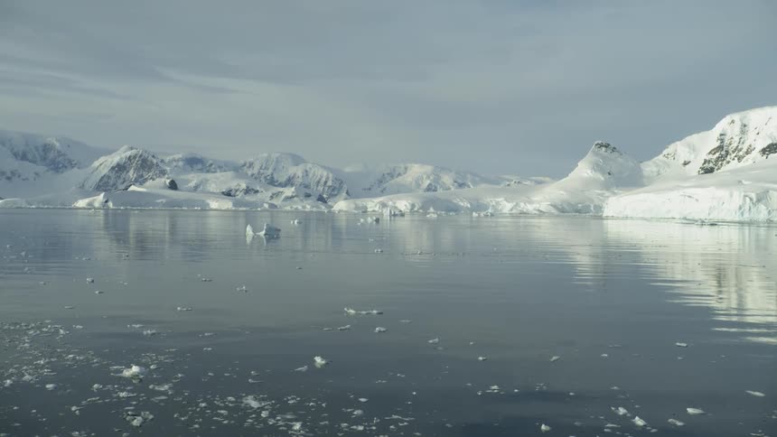 Ice chunks float on the ocean surface on a sunny day