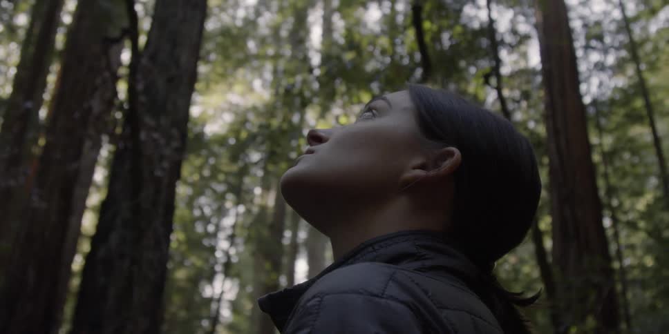 A woman looks around in the woods