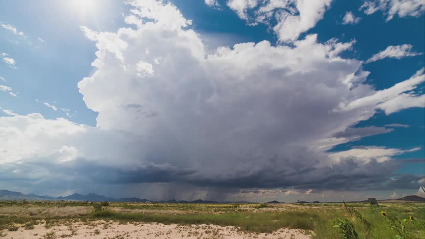 Storm clouds move across a grassy plain