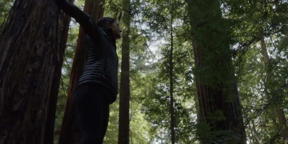 A woman stands with her arms out in a forest