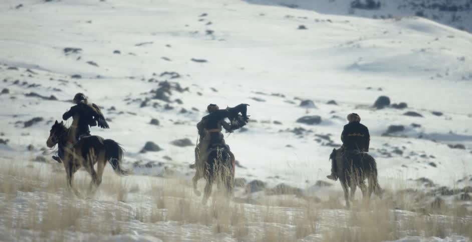 A group of men ride horses while holding birds