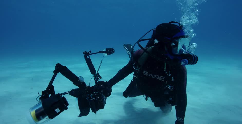 A diver swims on the ocean floor with a camera
