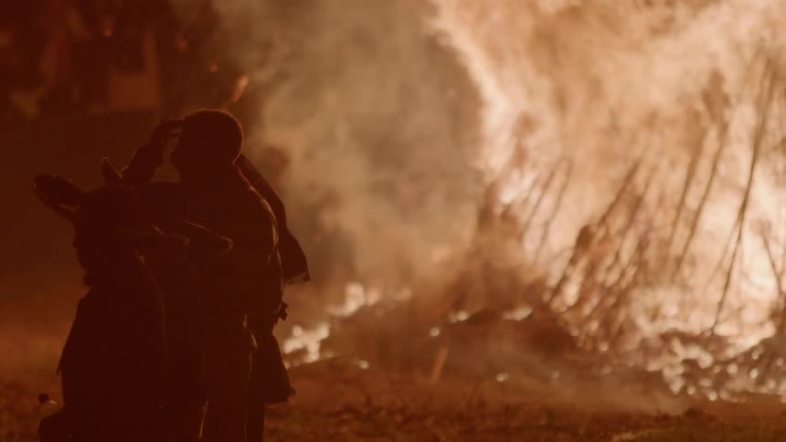 Flames rise up from the burning branches
