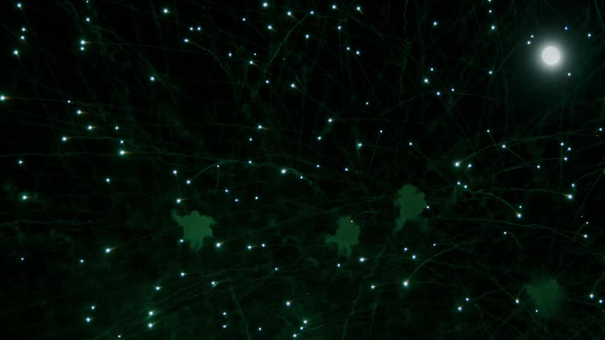 Fireworks are exploding under a full moon in the night sky