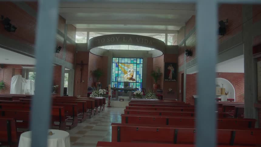 The church is empty on a sunny day