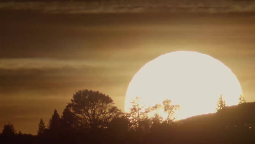 The sun sets on the horizon behind trees and a hill