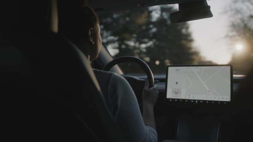 Person driving a car while looking at a map on a screen