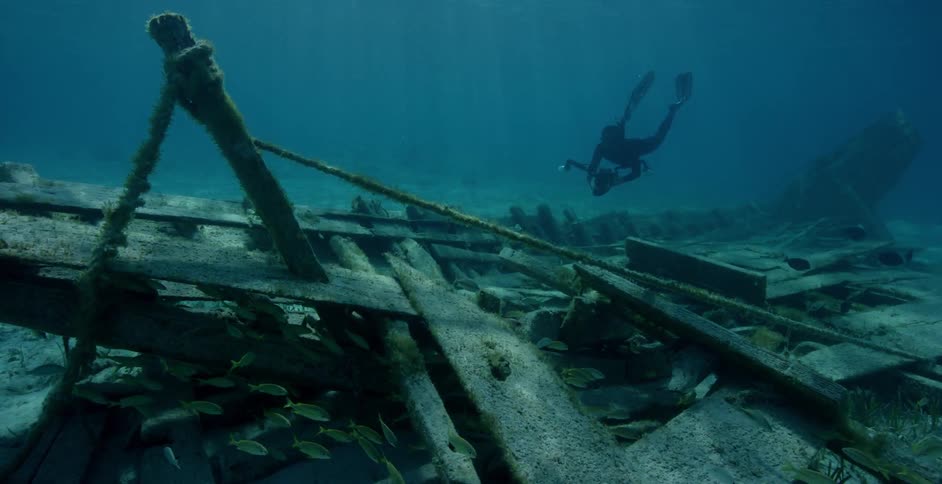 Diver films broken down wooden material on the ocean floor