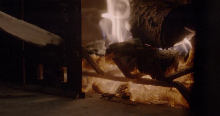 A fire burns inside a fireplace