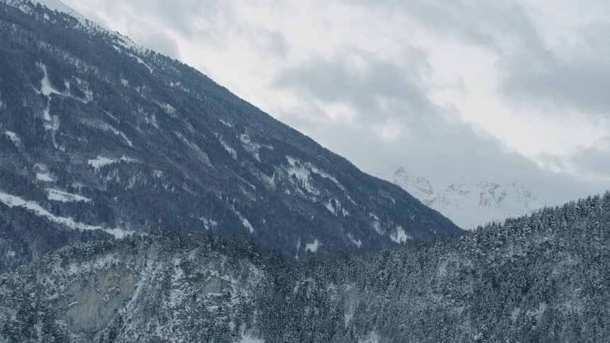 Mountains covered with snow and trees on a cloudy day
