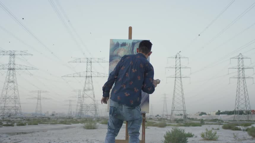 A man spray paints on a canvas outdoors