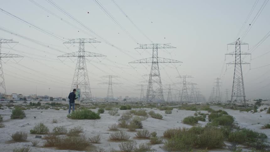 Person stands in a field near some towers