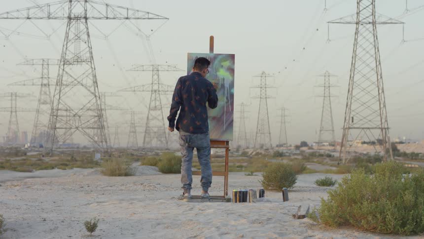 An artist paints on a canvas in a desert
