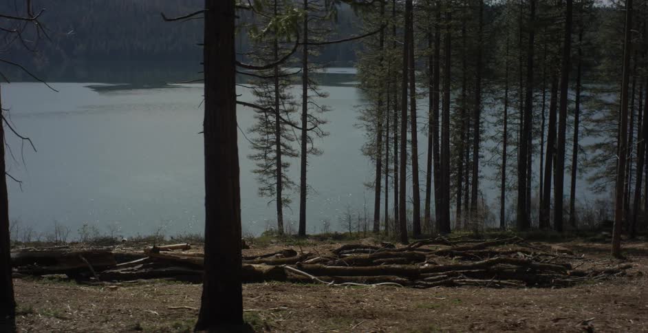 Hill slopes down toward a lake