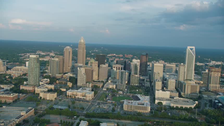 Skyscrapers stand in a city