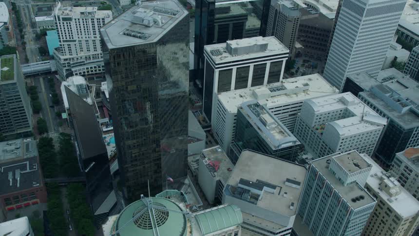 High-rise offices and towers occupy city blocks