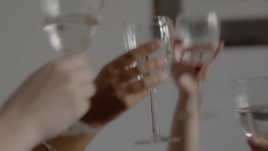 People toast their clear glasses together during a festive indoor dinner party celebration.