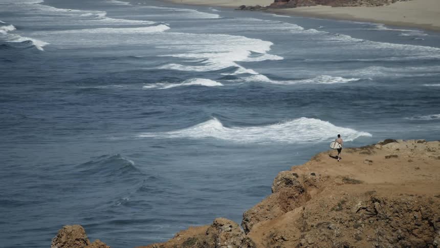A surfer walks on the coast