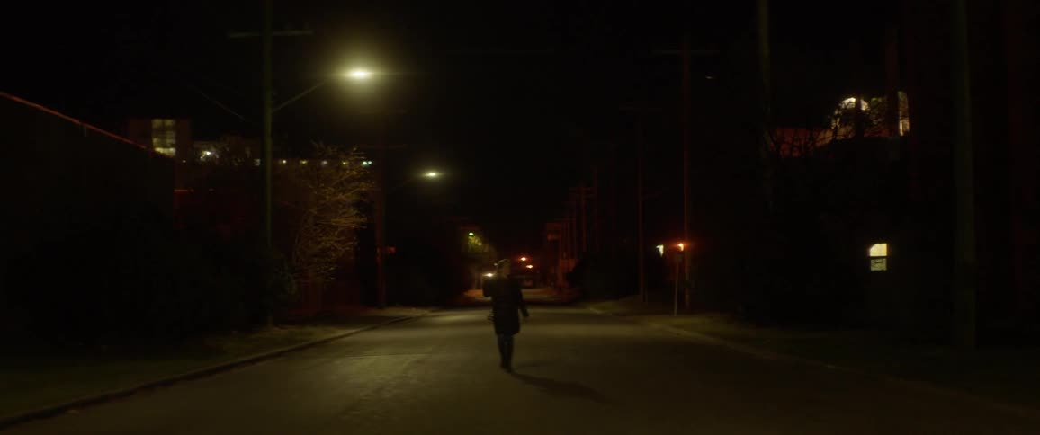 A person is walking down the street searching with a flashlight