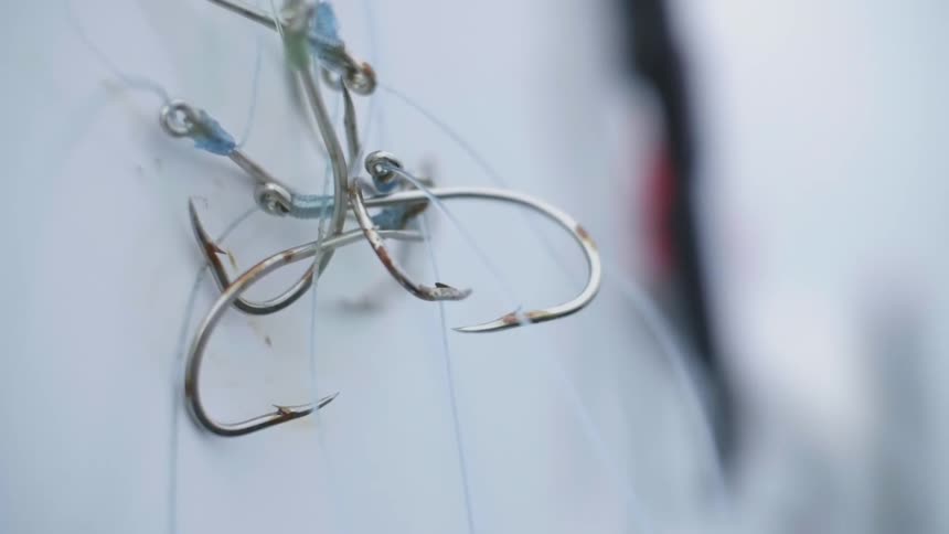 Fishing hooks and line hang and are tangled together