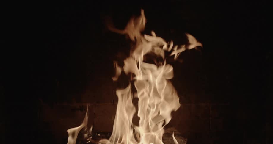 A fire burns in a fireplace