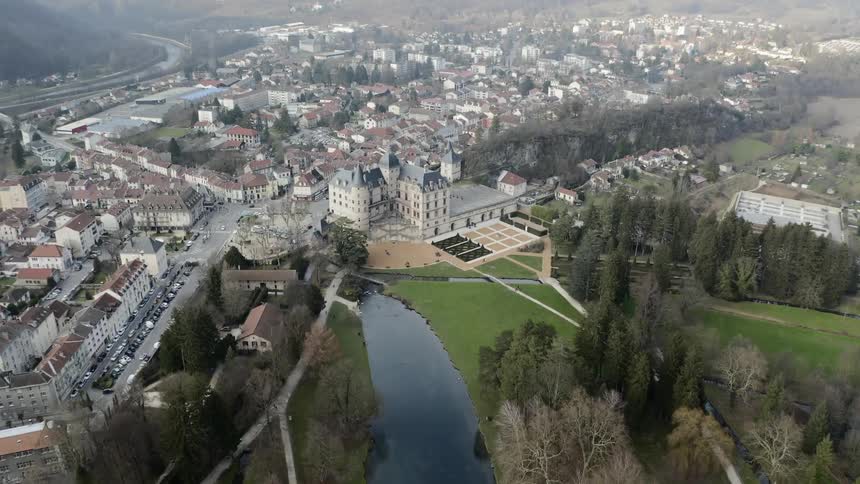 A river flows through a town