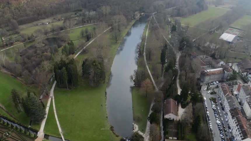 A river flows by a town