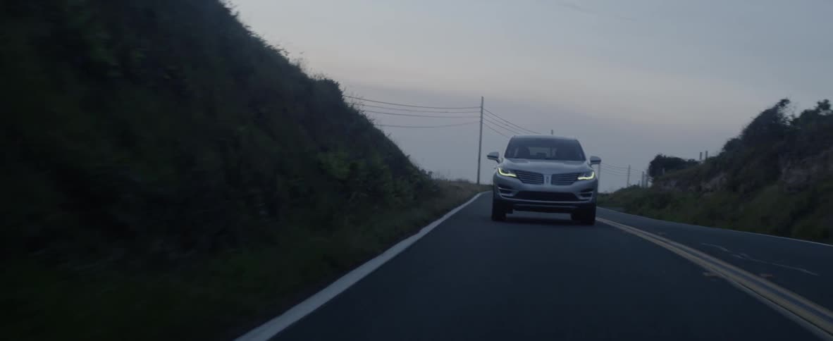 A vehicle is driving on a rural road at dusk
