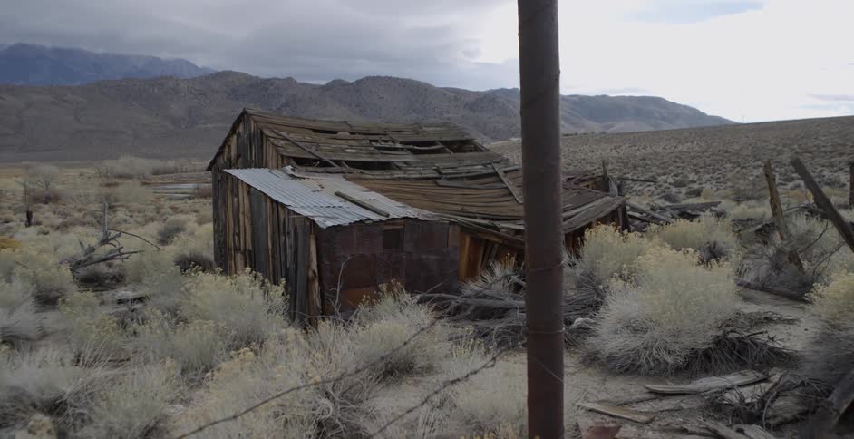 An abandoned shack sits in a desert