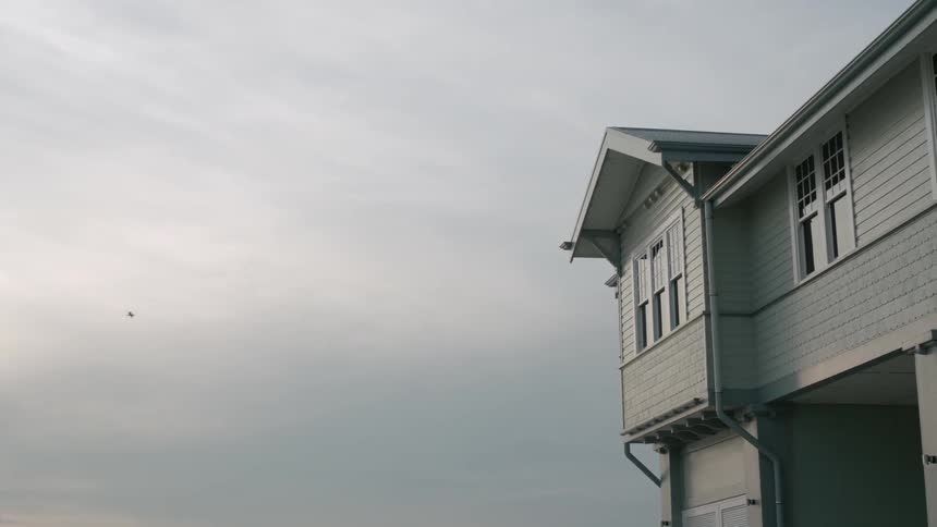 A bird flies through the sky near a home