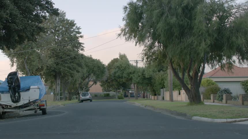An empty residential street with trees and a boat parked