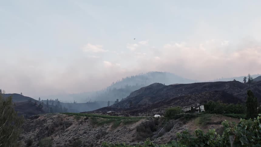 Smoke floats above rural hills