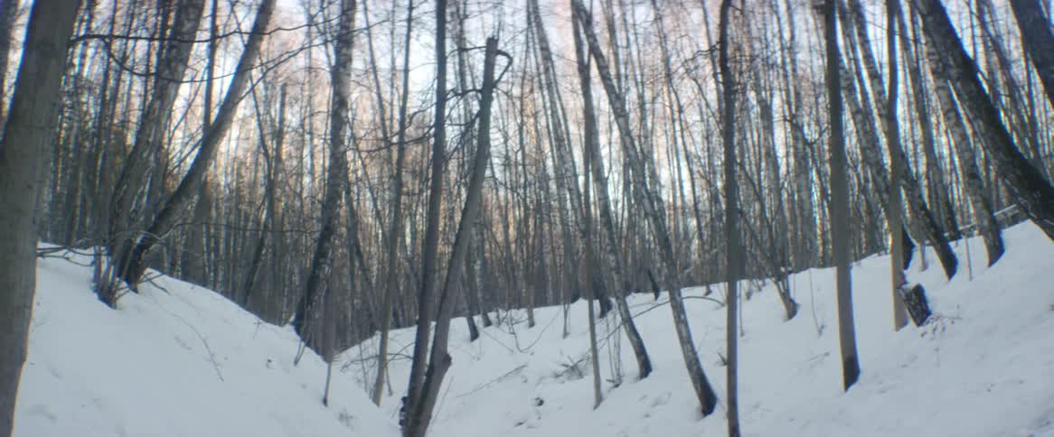 A man and woman run through the snow while holding hands