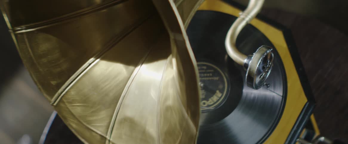 A record player spins