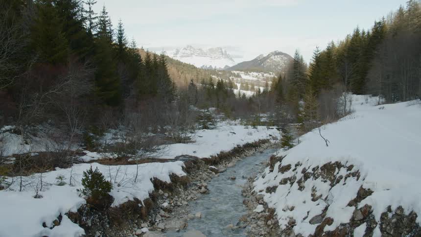 A river flows through a snowy forest