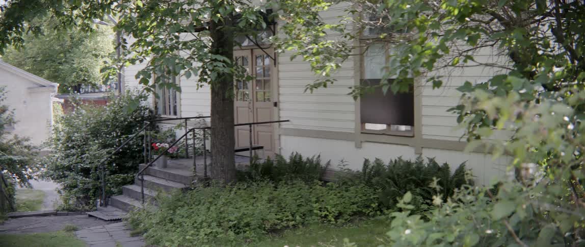 Lush garden plants surround old wooden stairs leading to a classic residential porch.