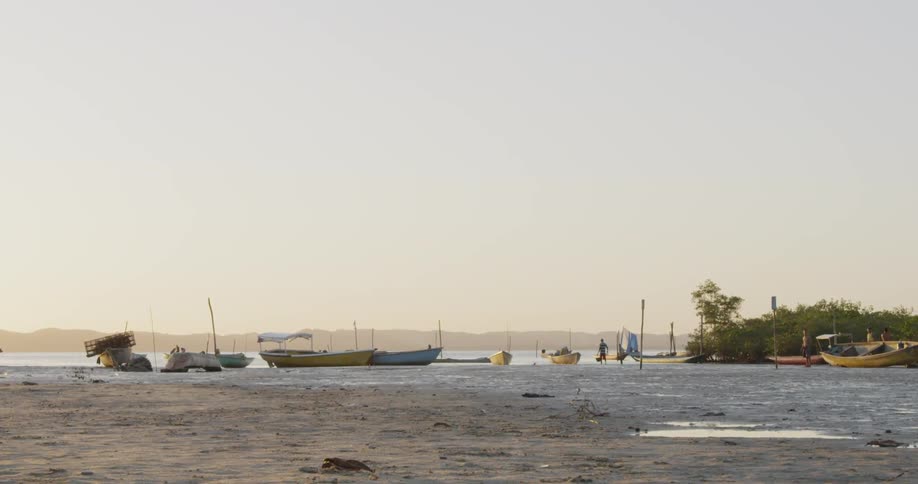 Many boats parked on a sandy beach