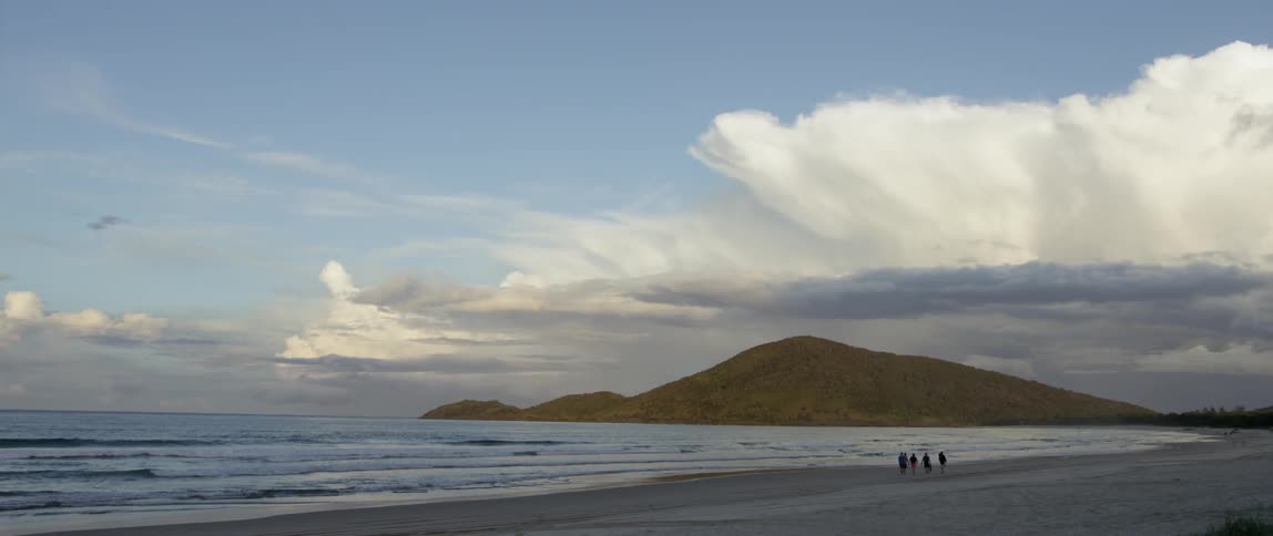 A group of people walk across a beach